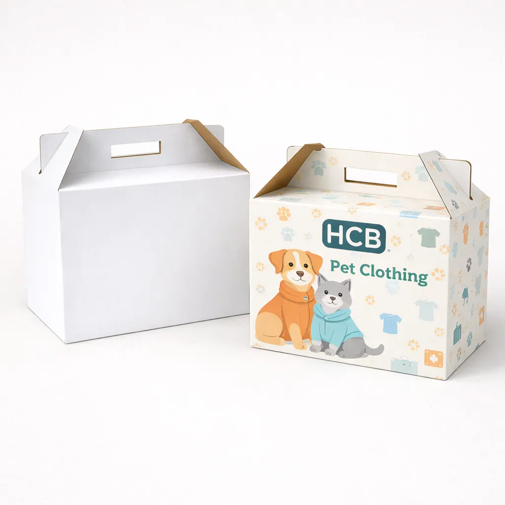 Two upright retail boxes with hanging tabs, one blank and one with a transparent window. class=